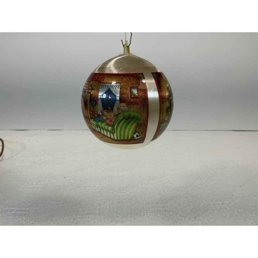 Vintage Christmas Greetings 1982 Satin Ball Ornament Fireplace Scene Cream Multi